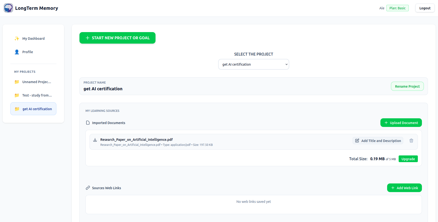 Long Term Memory dashboard